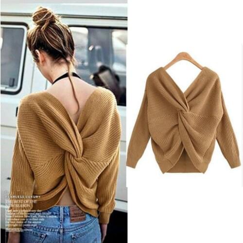 Women Crossed Knotted Back Sexy Sweater Two-wear V-neck Batwing Sleeve Casual Pullover Knitwear 2018 Autumn New Chandail Sueter