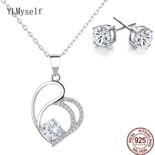 Real 925 Silver Metal Necklace & Earrings Set Setting 6mm Shiny Zircon Luxury 2pcs Fine Jewelry Heart Design With 40-45cm Chain