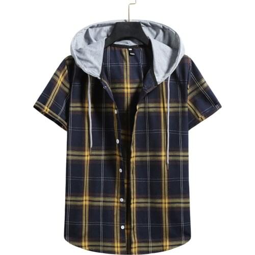 40# Mens Summer T-shirts Botton Casual Vintage Grid Loose Lapel Hooded Check Short Sleeve Fashion T-shirts Футболка Мужская