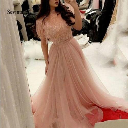 Sevintage Arabic Two Pieces Evening Dresses 2020 Tassel Sequines Floor Length Prom Gown Short Sleeve Tulle vestido de formatura