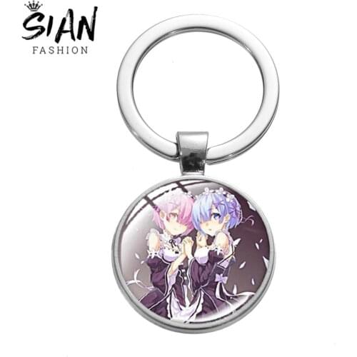 SIAN Anime Re Zero Series Keychain Emilia Rem Ram Beautiful Girl Art Print Pattern Rezero Key Rings Cosplay Surrounding Ornament