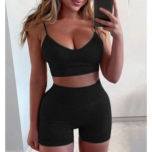 Seamless Women Set Workout Sportswear Gym Clothing Fitness Sleeveless Crop Top Shorts Set High Waist Leggings Sports Suits 3