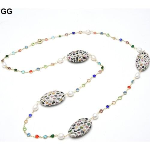 GG Jewelry 44" Natural Cultured White Rice Pearl Real Tourmaline Cz Pave Colorful Crystal Chain Long Necklace Handmade For Women