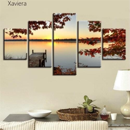 5 Pieces of Wall Art Poster Hd Print Canvas Painting Autumn Maple Leaf Sunset Landscape Modular Mural Home Decoration No Frame
