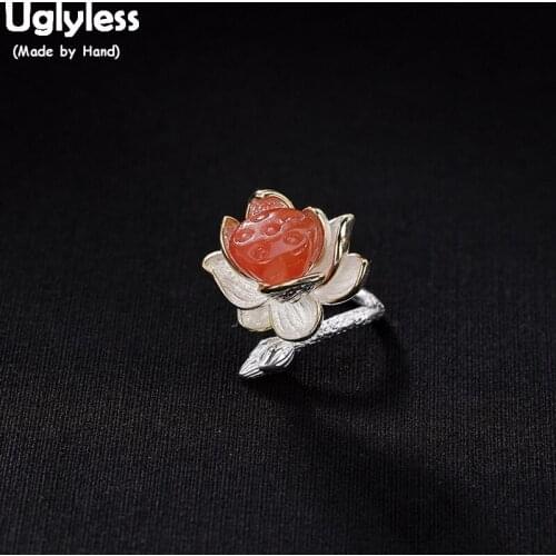 Uglyless 100% Real 925 Sterling Silver Handmade Lotus Rings for Women Natural Agate Flower Open Finger Ring Ethnic Fine Jewelry