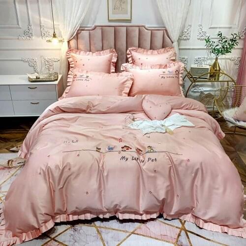 Svetanya Cartoon Pink Animals Bedding Set Embroidery Egyptian Cotton Bedlinens Queen King Size Duvet Cover Set Cushion Covers