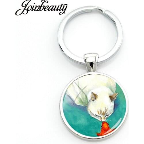 JOINBEAUTY Cat & Fish Lovely Cartoon Round Keychain Cute Lovely Animal Keychains Ring Women Jewelry CH80