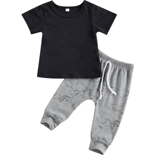 Citgeett Summer Infant Baby Boys Short Sleeves and Trousers Suit Solid Pullover T-shirt Printed Long Pants Clothes Set