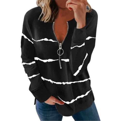 Fashion Casual Zipper Long Sleeve Female T shirts Pullover 2021 New Autumn Clothes Tee Striped V-neck Print Tops Women‘s Tshirt