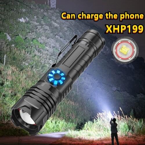 NEW XHP199 Powerful Stepless Dimming LED Flashlight USB Rechargeable Work Light 5Modes Zoom Torch Tactial Flashlight 18650/26650