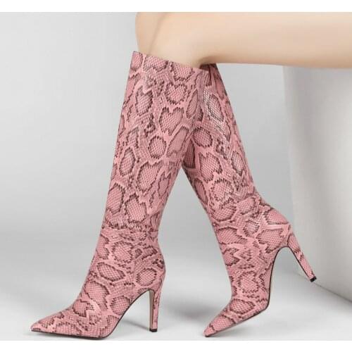 New Snakeskin Pattern Ladies Knee High Boots Slip On Loose Spring Autumn Womens Shoes Female Pointed Sexy Stiletto Winter Boots