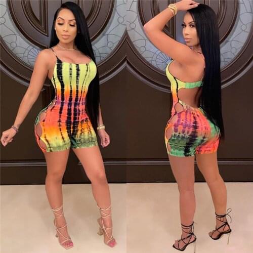 CHRONSTYLE Sexy Tie Dyeing Print Bodycon Playsuits Strap Backless Biker Shorts Rompers Women Summer Hollow Out Backless Outfits