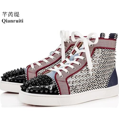 Qianruiti Rivets Men High Top Sneakers Casual Shoes Mix Color Lace-up Male Outdoor Footwear Patchwork New Fashion
