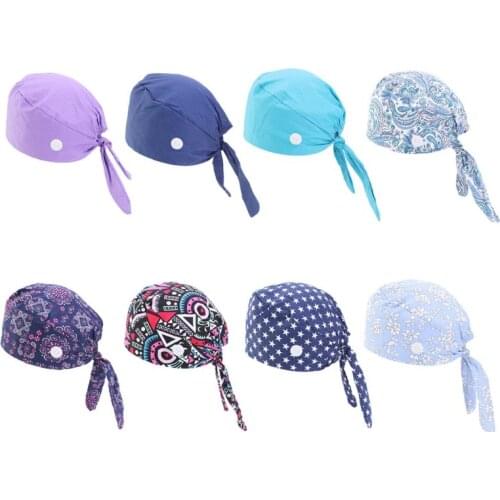 Working Scrub Cap Button Sweatband Star Paisley Floral Tie Back Bouffant Hat