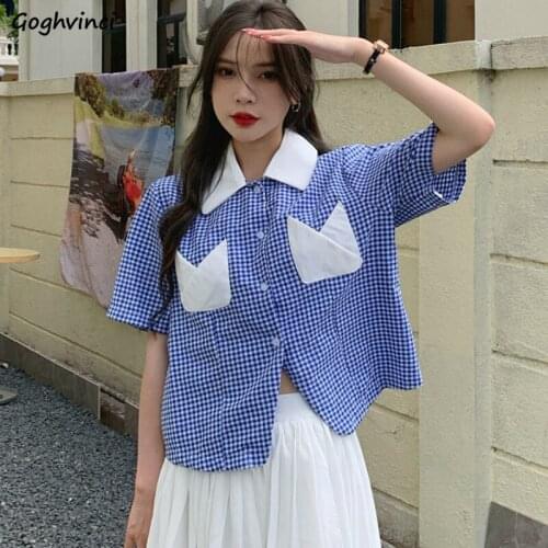 Summer Short Sleeve Shirts Women Casual Plaid Patchwork Female Blouses Prairie Chic Kawaii All-match Retro Youth Stylish Vintage
