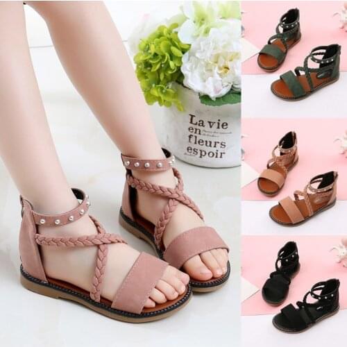 New Girls Summer Roman Beach Sandals Dancing Shoes Kids Soft Bottom Anti Slip Lightweight Shoes Leather Wear-resistant Sandals