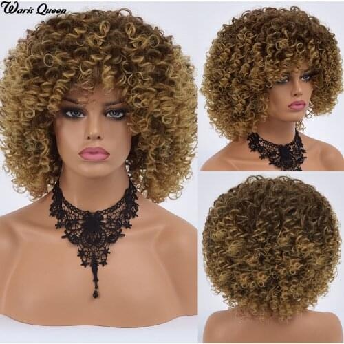 Womens Blonde Ombre With Bangs Synthetic Wigs For Black Women Afro Kinky Curly Natural Hair Heat Resistant Fiber Female Wig