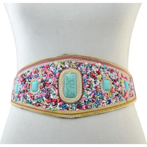 Womens runway fashion vintage elastic beaded Cummerbunds female Dress Corsets Waistband Belts decoration wide belt R3133