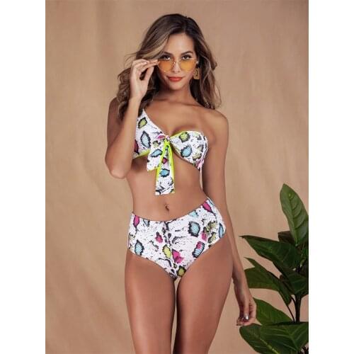 Women Leopard Snakeskin Double-Layer One-Shoulder Sling Bikini Sexy High Waist Strap Adjustable Elastic Quick-Dry Split Swimsuit