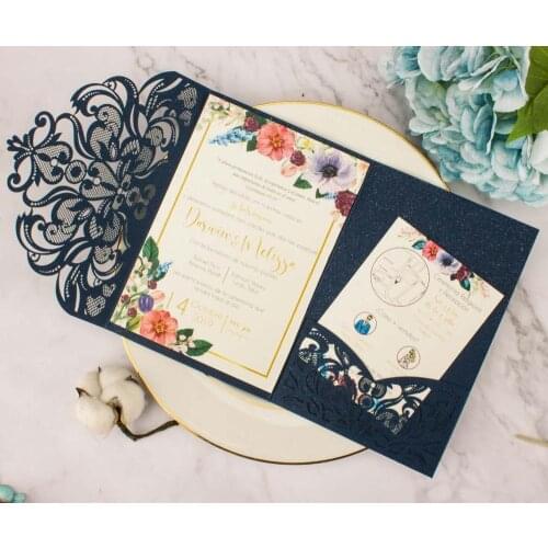 1X 3 fold Wedding Invitations Cards White Navy Blue Champange Rose Gold Glitter Tri fold Laser Cut Invitation invite Envelopes