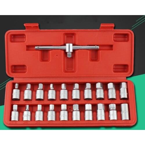 12PCS/21PCS Oil Drain Pipe Plug Socket Set Screws Removal Tool 3/8inch Drive Triangle Square Hexagon T-bar Remover Sleeve Tools