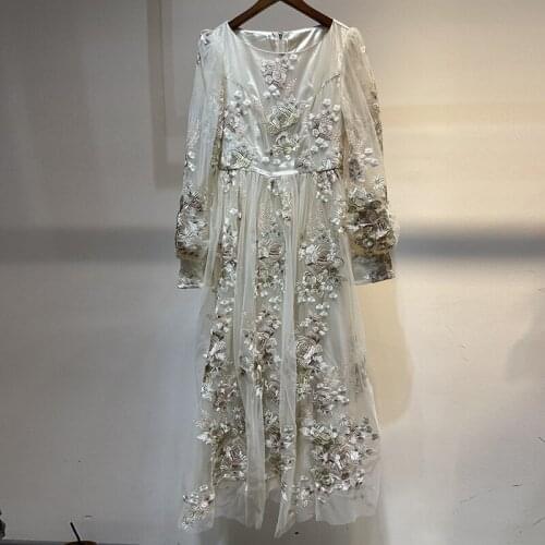 2021 Fashion Designer Autumn Dress Women Vintage Embroidery Flowers Lantern Sleeve Mesh Patchwork Elegant Ladies Luxury Dresses