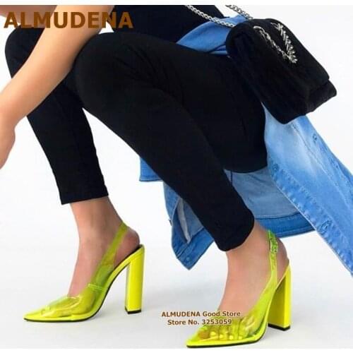 ALMUDENA Neon Yellow Transparent Clear PVC Dress Pumps Chunky Heel Pointed Toe Banquet Shoes Slingback Buckle Party Shoes Size46