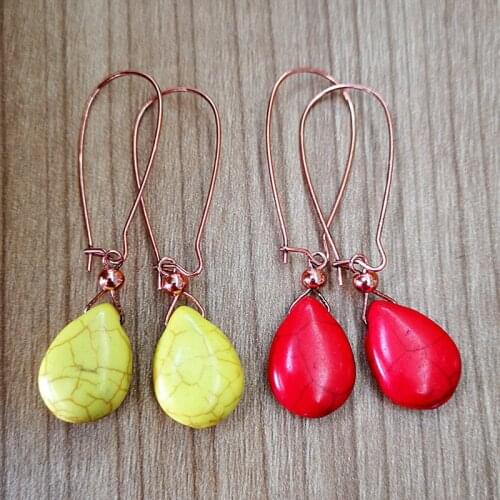 Bohemian Water Drop Natural Turquoises Stone Earrings Bronze Metal Hook Texture Red Yellow Stone Dangle Earrings