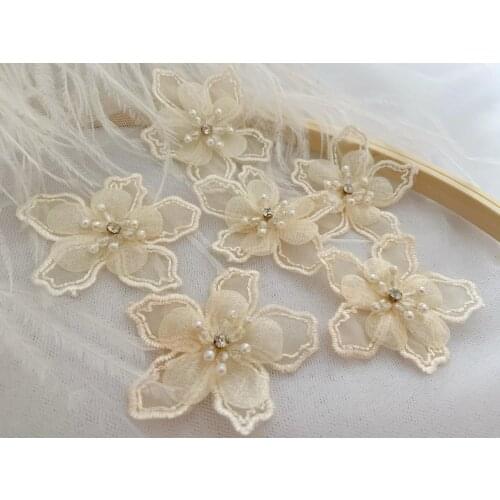 10 pieces Nude Beige 3d Florals Motif Applique Handcrafted Organza Lace Appliques With Rhinestone
