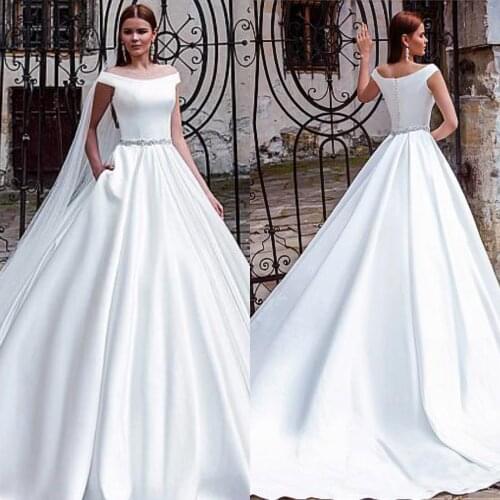 Elegant Boat Satin Wedding Dresses A-Line with Beaded Belt Court Train Bridal Dresses Simple Dresses Robe De Mariage