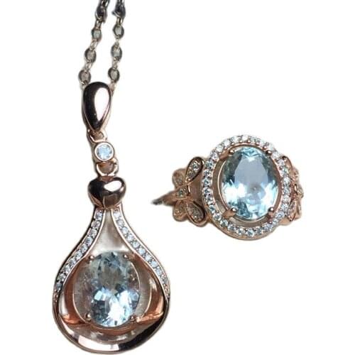 KJJEAXCMY exquisite jewelry 925 pure silver inlaid natural sea blue treasure female jewelry jewelry set ring pendant 2 pieces