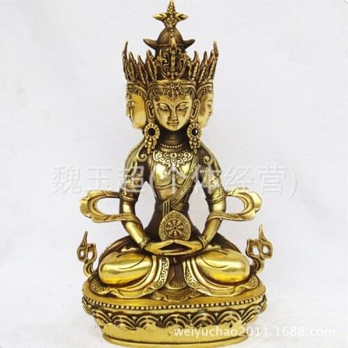China Religious Tibet Brass Four Heads Kuan-Yin Erawan Shrine Buddha Statue