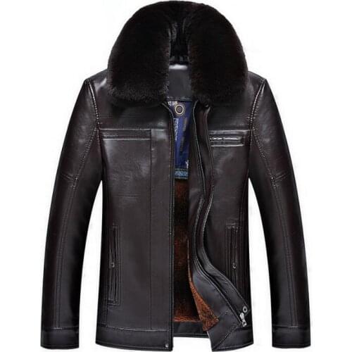 Middle-aged leather jacket men Plus velvet thicken fur collar warm mens leather jackets and coats biker brown B358