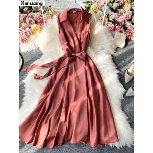 Summer Elegant Shirt Dress Summer Single Breasted Belt Short Sleeveless A Line Casual Satin Dresses For Women
