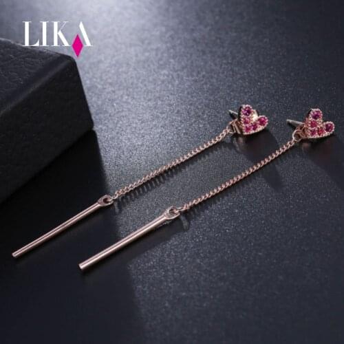 LIKA Newest S925 Silver Sweet Love Heart Shaped Earrings Copper Inlay Zircon Long Tassel Earrings Hypoallergenic Wholesale Gifts