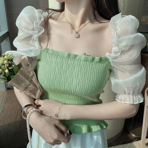 Girls Sweet T-Shirts Summer Knitted Patchwork Mesh Short Puff Sleeve Square Collar T-shirts Woman Knit Crop Tops For Female