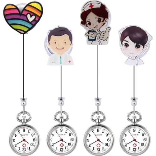 Fashion cartoon love heart nurse doctor pocket watches hospital Pediatrics Clip Brooch Retractable badge quartz gift watches