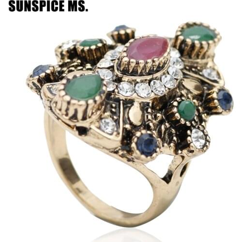 New Turkish Women Vintage Ring Antique Gold Color Resin Ethnic Wedding Jewelry India Bridal Flower Finger Ring Arab Retro Bijoux