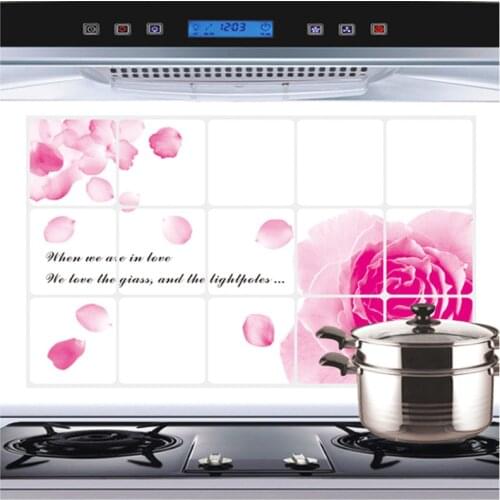 Pink Rose Kitchen Oil Proof Wall Stickers Home Decor Aluminum Foil Waterproof Self Adhesive Sticker Cabinet Stove Tile Decor