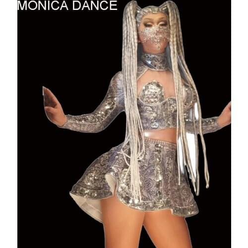 Sexy Stage Flashing Silver Sequin T-shirt Short Skirt Outfit Birthday Celebrate Prom Wear Women Dancer DS Show Outfit Set