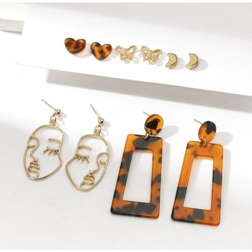 5 Pairs/set European and American Fashion Acrylic Geometric Earrings Portrait Alloy Personality Earrings Factory Direct Sales