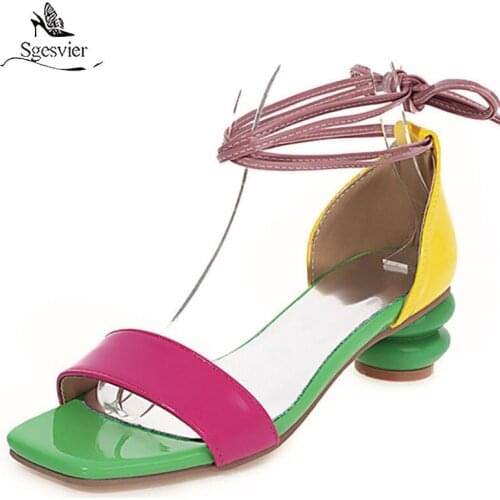 SGESVIER 2021 Large Size 34-43 Women Sandals Fashion Ankle Strap Party Shoes Med Heels Square Toe Mixed Colors Party Shoes
