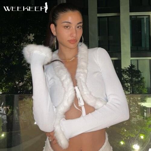 Weekeep Split Lace Up Autumn T-Shirt y2k Feather Bodycon Solid Cardigan Women Sexy Harajuku Long Sleeve Crop Top Knitted Fashion