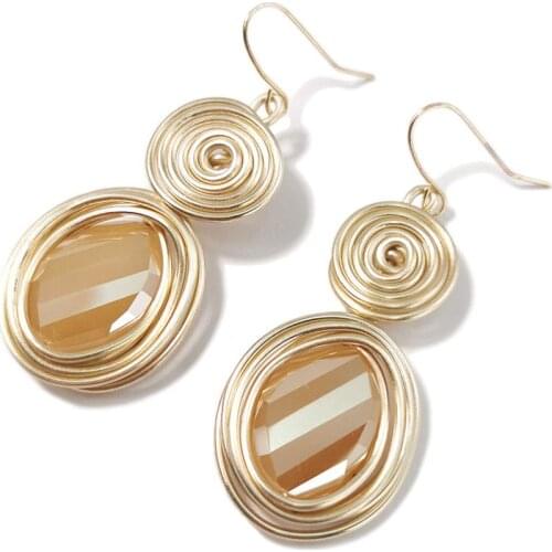 Handmade Big Champagne Crystal Earrings For Women Fashion Wire Helical Dangle Earrings Golden Silver Color Jewelry UKMOC
