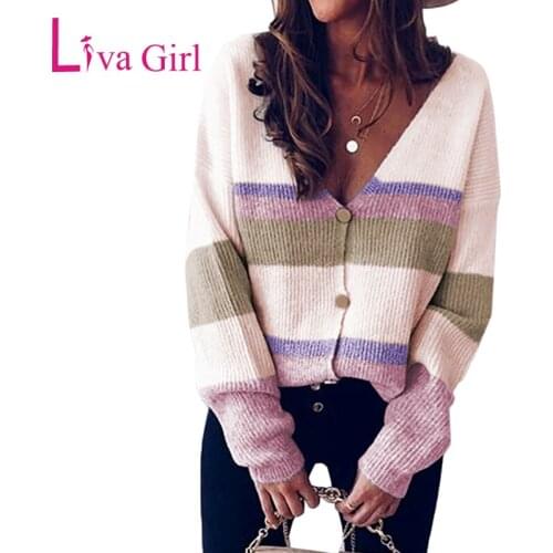 LIVA GIRL Long Sleeve Cardigan Sweater Womens New Autumn Winter Casual Color block Patchwork V-neck Knitted Sweaters Loose Tops