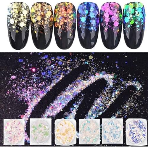50g/Bag Nail Sparkly Hexagon Flake 6-Color Iridescence Loose Chunky Mix-Size Flakes Spangle Manicure Glitter Decoration Flakes