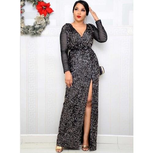 African Dresses For Women 2020 African Dress Women Elastic Sequins V Neck Long Sleeve Daily Maxi Dress Evening Dress Party Dress