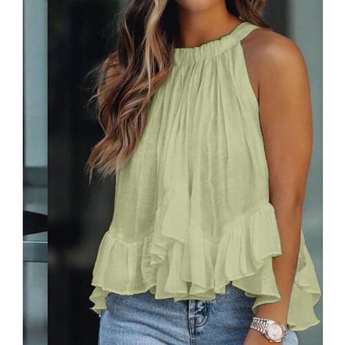 Off Shoulder Blouses Women Ruffles Halter Tops Sleeveless Asymmetrical Pleated Elegant Loose Top Casual Ruched Shirts Femme