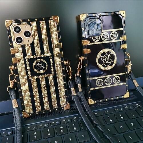 Brand Glitter Black Flower Case for LG Stylo 5 7 Stylo5 Stylo6 K51 K61 Stylo 6 Rope Lanyard Strap Cord Chain Gold Square Cover