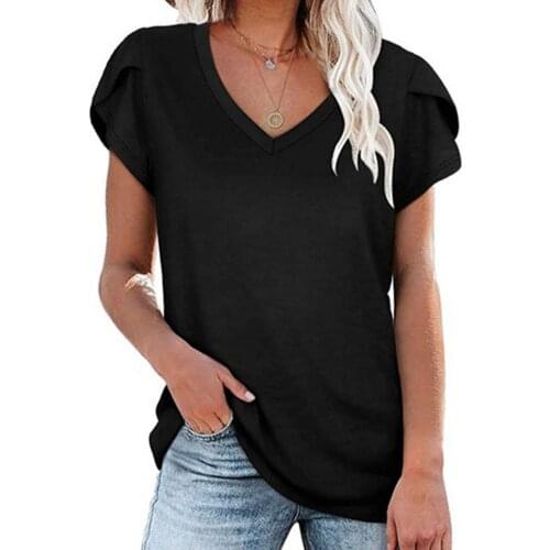 Short-Sleeved T-shirt for Women Summer Korean Style Loose Women Tops V Collar Solid Color Daily Office Women Tshirts for Girl